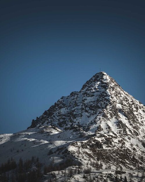 Mountain Landscapes - Majestic snow-covered mountain peak rising benea #20013643