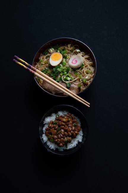 Food Aesthetics - Flat lay of ramen and rice bowls with chopsticks #31297747