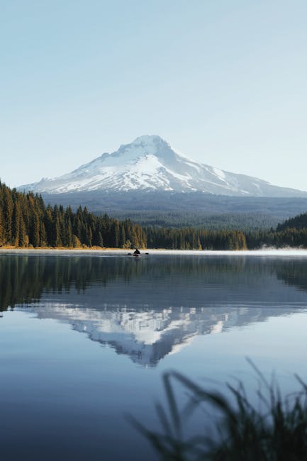 Mountain Landscapes - A peaceful scene of a lake with snow-capped moun #3551192