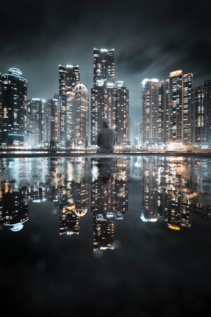 City Architecture - Dramatic nighttime view of Busan skyline reflect #4914159